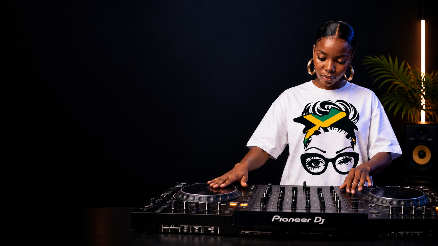 DJ wearing a Jamaican inspired graphic T-shirt