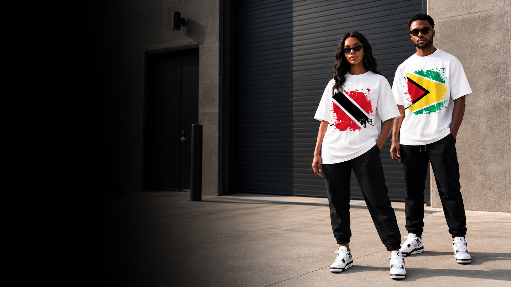 Couple wearing Trinidad and Tobago and Guyana flag T-shirts